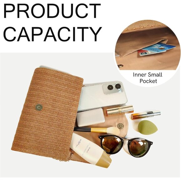 Women's Tan Summer Woven Beach Bag Envelope Evening Handbags Straw Clutch - Picture 3 of 6